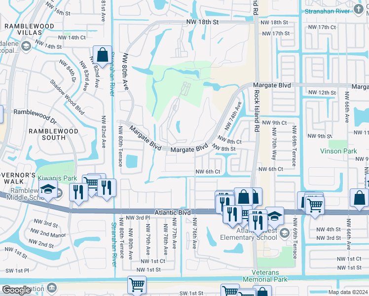 map of restaurants, bars, coffee shops, grocery stores, and more near b26 Golf Circle Drive in Margate