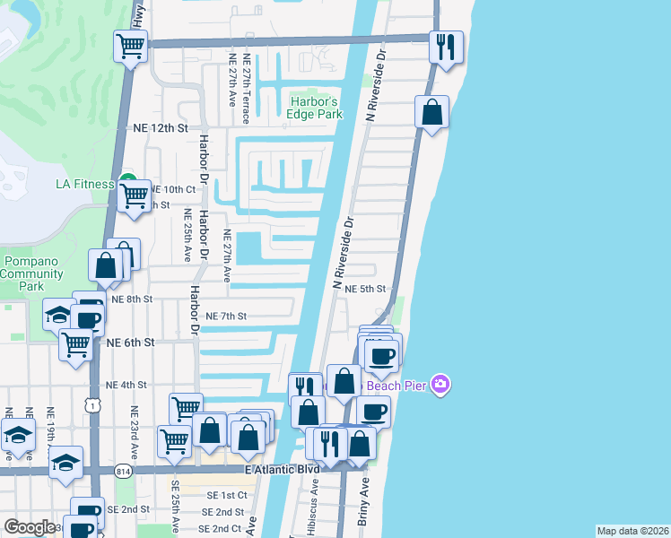 map of restaurants, bars, coffee shops, grocery stores, and more near 57 North Riverside Drive in Pompano Beach
