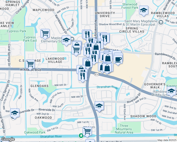 map of restaurants, bars, coffee shops, grocery stores, and more near 9505 West Atlantic Boulevard in Coral Springs