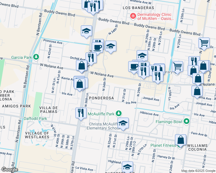 map of restaurants, bars, coffee shops, grocery stores, and more near 3400 Kerria Avenue in McAllen