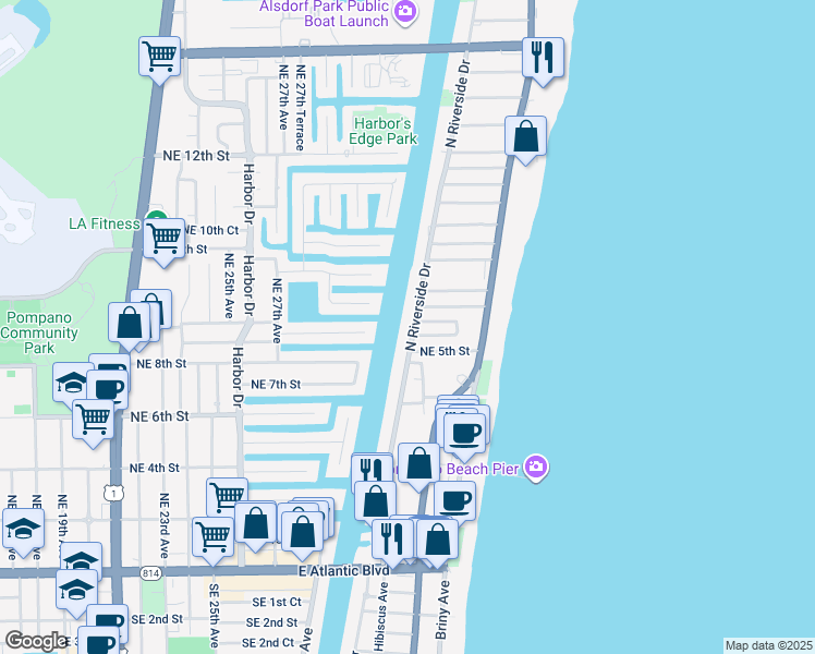 map of restaurants, bars, coffee shops, grocery stores, and more near 521 North Riverside Drive in Pompano Beach