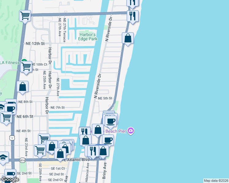 map of restaurants, bars, coffee shops, grocery stores, and more near 520 Florida A1A in Pompano Beach