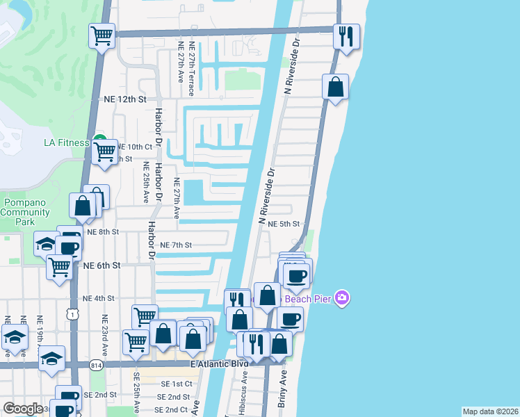 map of restaurants, bars, coffee shops, grocery stores, and more near 57 North Riverside Drive in Pompano Beach