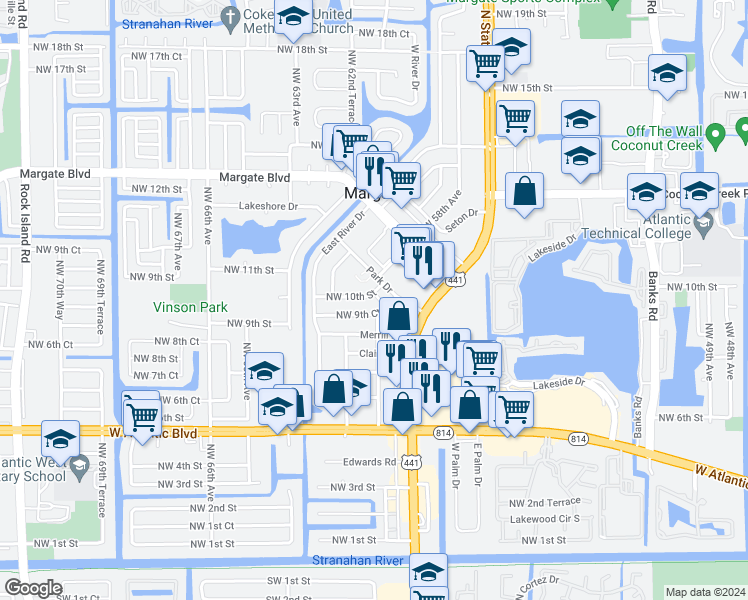 map of restaurants, bars, coffee shops, grocery stores, and more near 6008 Northwest 10th Street in Margate