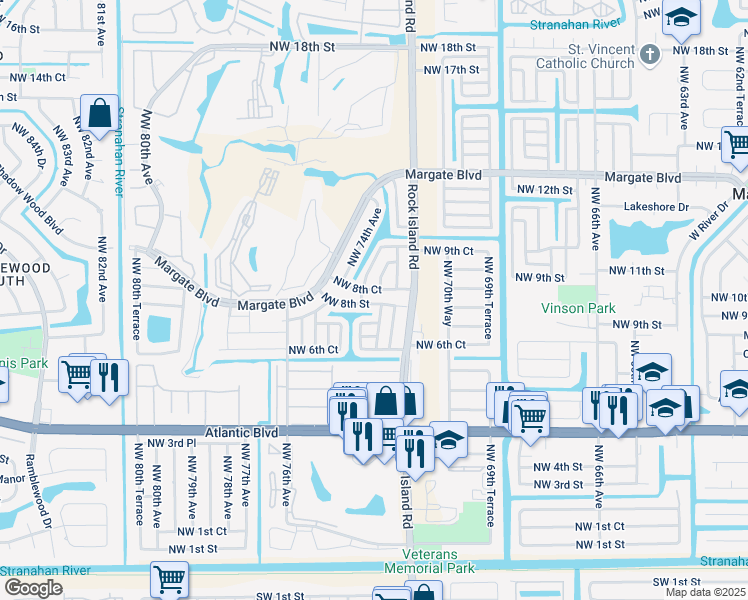 map of restaurants, bars, coffee shops, grocery stores, and more near 7245 Northwest 8th Court in Margate