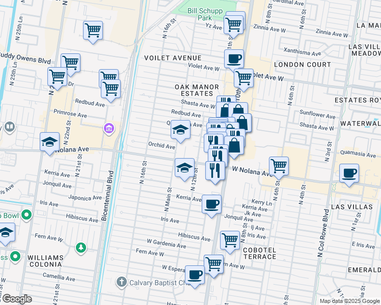 map of restaurants, bars, coffee shops, grocery stores, and more near 1200 West Nolana Avenue in McAllen