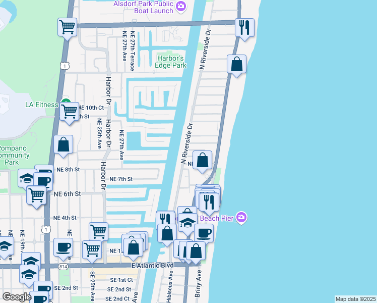 map of restaurants, bars, coffee shops, grocery stores, and more near 57 North Riverside Drive in Pompano Beach