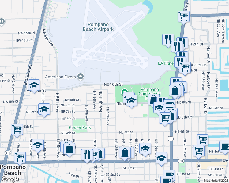 map of restaurants, bars, coffee shops, grocery stores, and more near 1300 Northeast 10th Street in Pompano Beach