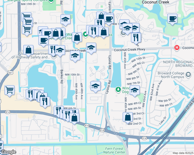 map of restaurants, bars, coffee shops, grocery stores, and more near 971 Lyons Road in Coconut Creek