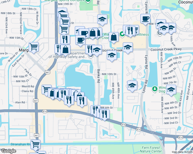 map of restaurants, bars, coffee shops, grocery stores, and more near 801 Banks Road in Margate