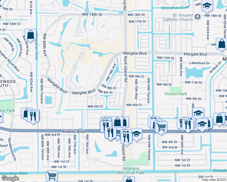map of restaurants, bars, coffee shops, grocery stores, and more near 7245 Northwest 8th Court in Margate