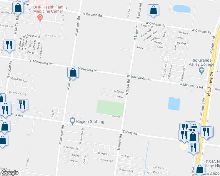 map of restaurants, bars, coffee shops, grocery stores, and more near 1011 West Minnesota Road in Pharr