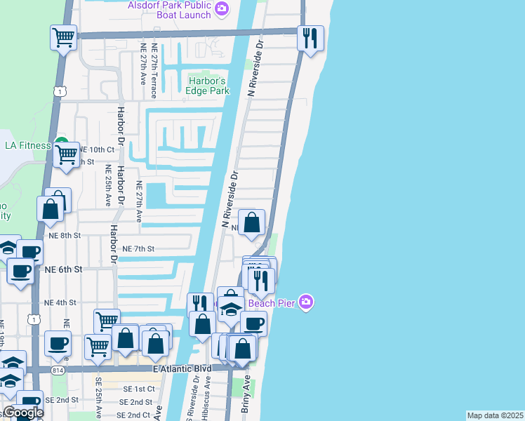 map of restaurants, bars, coffee shops, grocery stores, and more near 525 North Ocean Boulevard in Pompano Beach