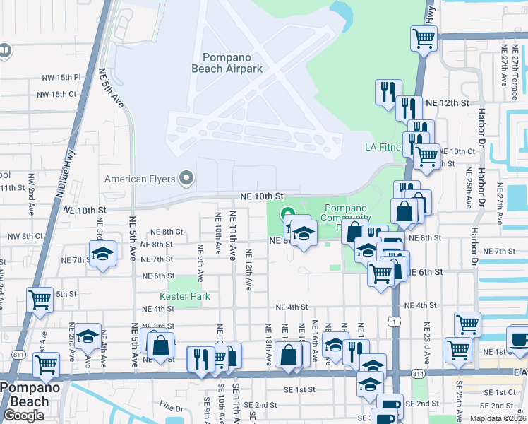 map of restaurants, bars, coffee shops, grocery stores, and more near 1300 Northeast 10th Street in Pompano Beach