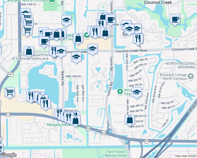 map of restaurants, bars, coffee shops, grocery stores, and more near 971 Lyons Road in Coconut Creek