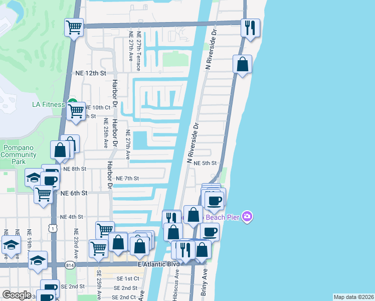 map of restaurants, bars, coffee shops, grocery stores, and more near 57 North Riverside Drive in Pompano Beach
