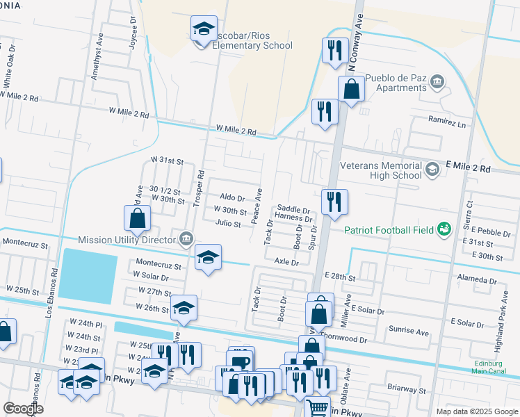 map of restaurants, bars, coffee shops, grocery stores, and more near 608 Aldo Drive in Mission