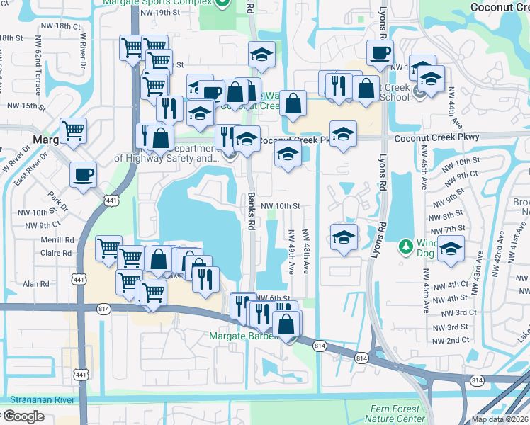map of restaurants, bars, coffee shops, grocery stores, and more near 4963 Northwest 10th Street in Coconut Creek