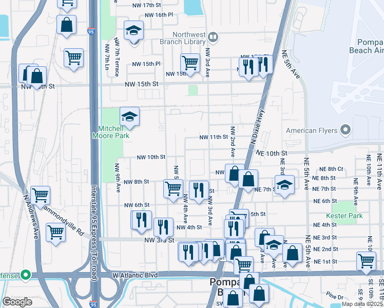 map of restaurants, bars, coffee shops, grocery stores, and more near 350 Northwest 10th Street in Pompano Beach