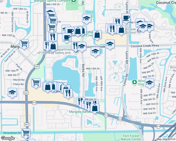 map of restaurants, bars, coffee shops, grocery stores, and more near 4963 Northwest 10th Street in Coconut Creek