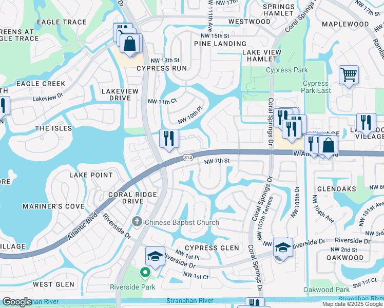map of restaurants, bars, coffee shops, grocery stores, and more near 11295 West Atlantic Boulevard in Coral Springs