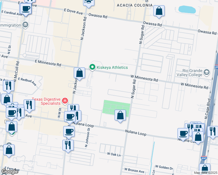map of restaurants, bars, coffee shops, grocery stores, and more near 1011 West Minnesota Road in Pharr