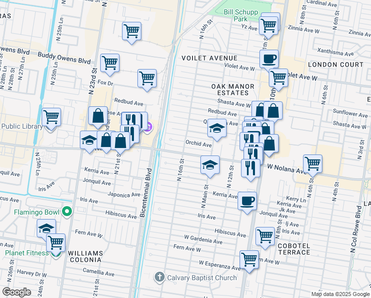 map of restaurants, bars, coffee shops, grocery stores, and more near 1523 Orchid Avenue in McAllen