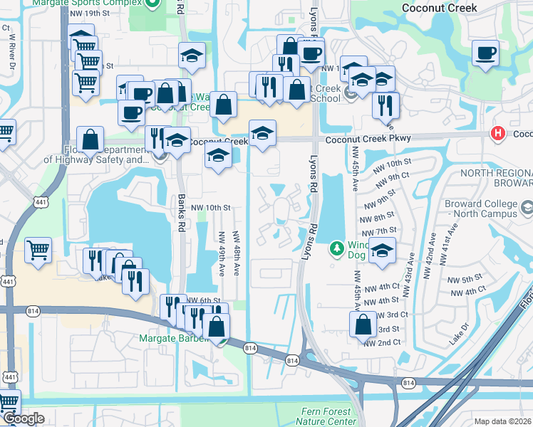 map of restaurants, bars, coffee shops, grocery stores, and more near 801 Lyons Road in Coconut Creek