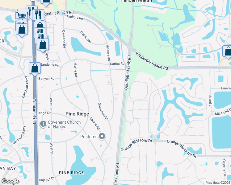 map of restaurants, bars, coffee shops, grocery stores, and more near 653 Hickory Road in Naples