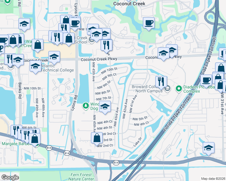 map of restaurants, bars, coffee shops, grocery stores, and more near 801 Northwest 43rd Avenue in Coconut Creek