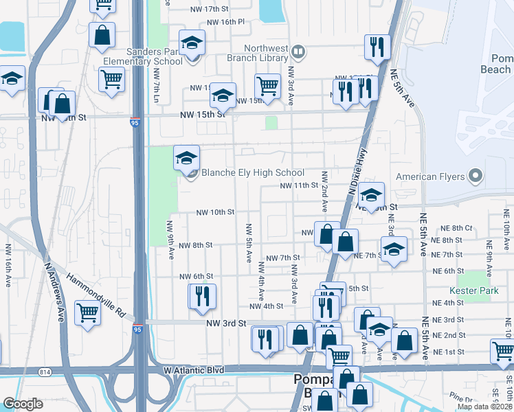map of restaurants, bars, coffee shops, grocery stores, and more near 350 Northwest 10th Street in Pompano Beach