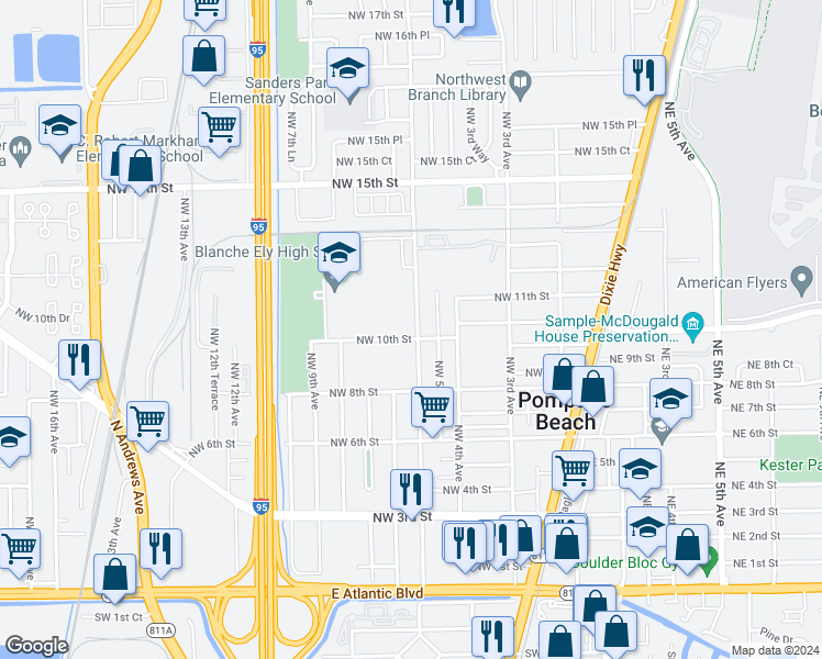 map of restaurants, bars, coffee shops, grocery stores, and more near 701 Northwest 10th Street in Pompano Beach