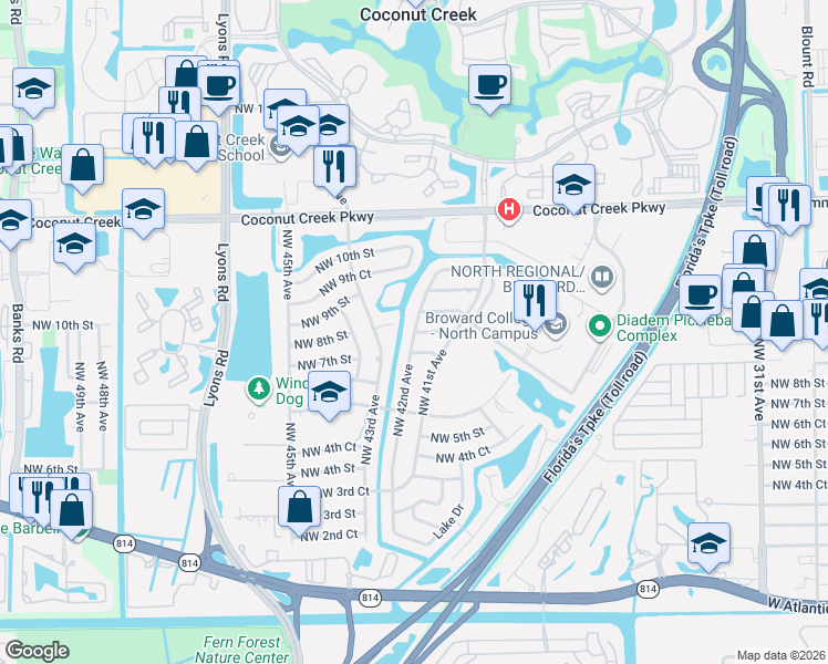 map of restaurants, bars, coffee shops, grocery stores, and more near 801 Northwest 42nd Avenue in Coconut Creek