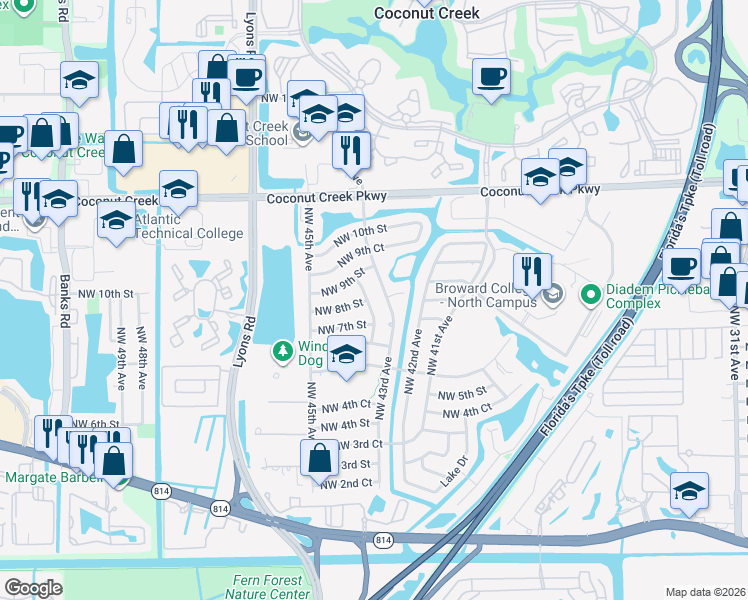 map of restaurants, bars, coffee shops, grocery stores, and more near 801 Northwest 43rd Avenue in Coconut Creek