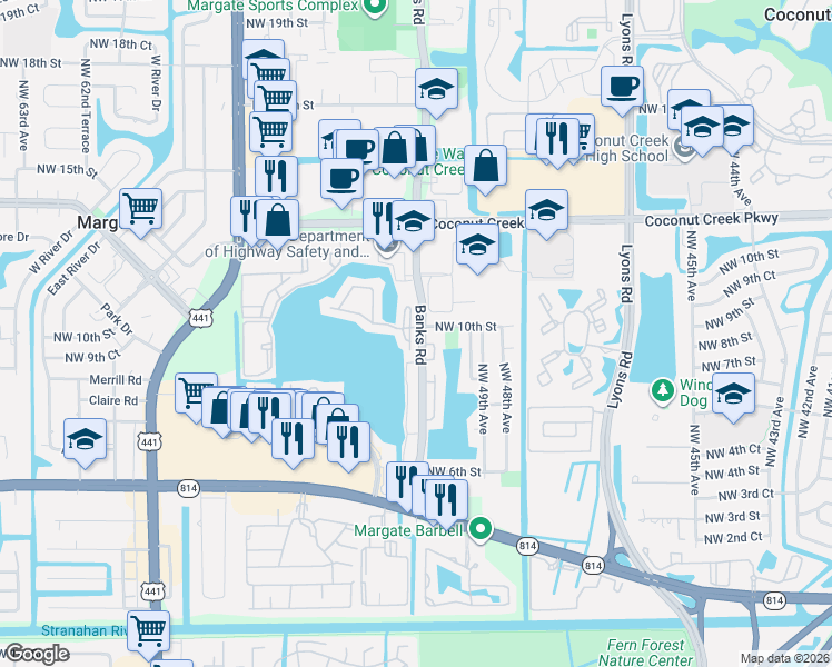 map of restaurants, bars, coffee shops, grocery stores, and more near 535 Banks Road in Margate