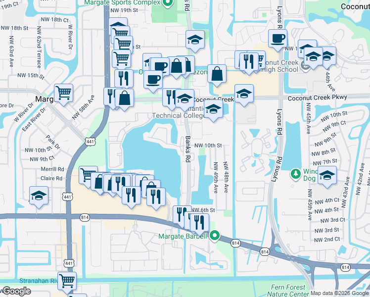 map of restaurants, bars, coffee shops, grocery stores, and more near 801 Banks Road in Margate