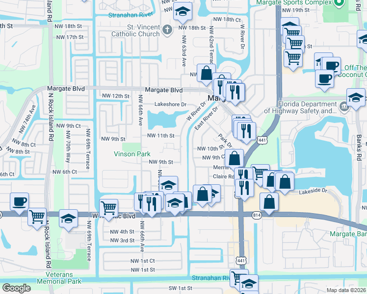 map of restaurants, bars, coffee shops, grocery stores, and more near 1009 East River Drive in Margate