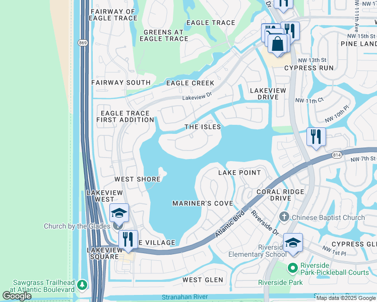 map of restaurants, bars, coffee shops, grocery stores, and more near 12177 Northwest 9th Drive in Coral Springs