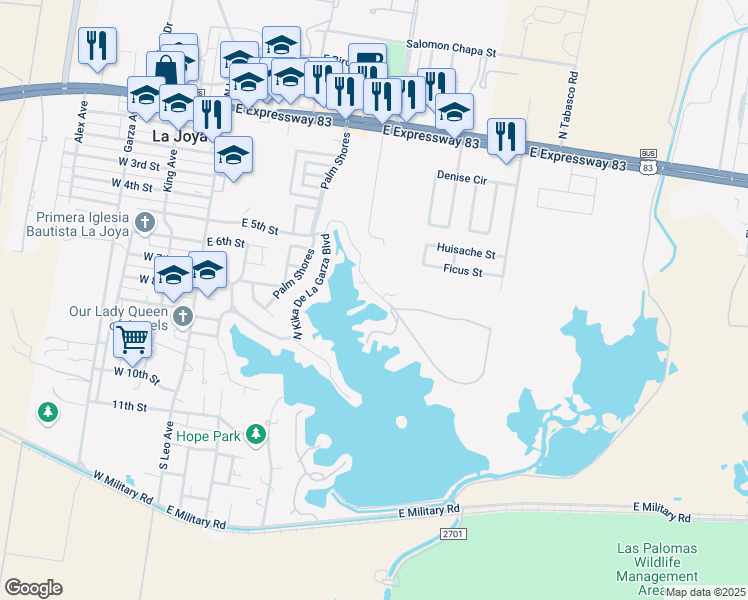 map of restaurants, bars, coffee shops, grocery stores, and more near 205 North Kika De La Garza Boulevard in La Joya