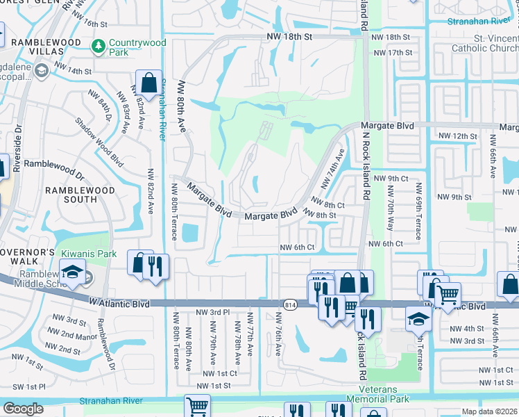 map of restaurants, bars, coffee shops, grocery stores, and more near b26 Golf Circle Drive in Margate