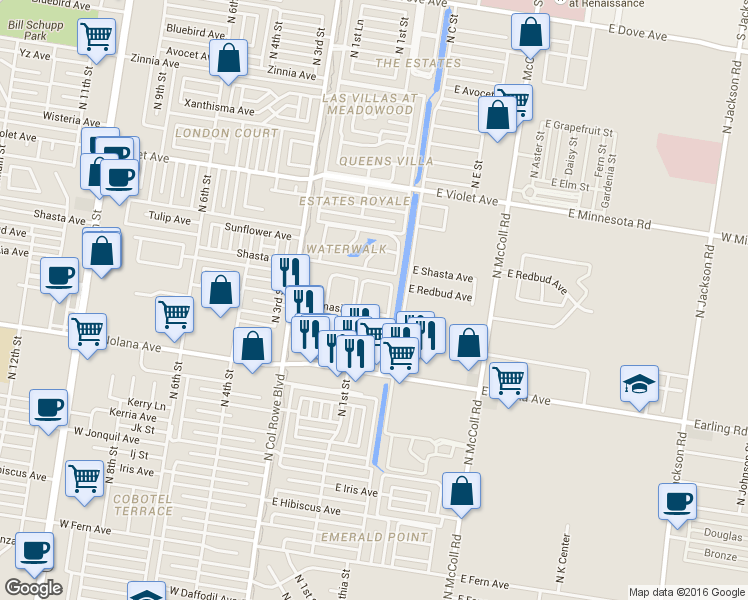 map of restaurants, bars, coffee shops, grocery stores, and more near 201 Quamasia Avenue in McAllen
