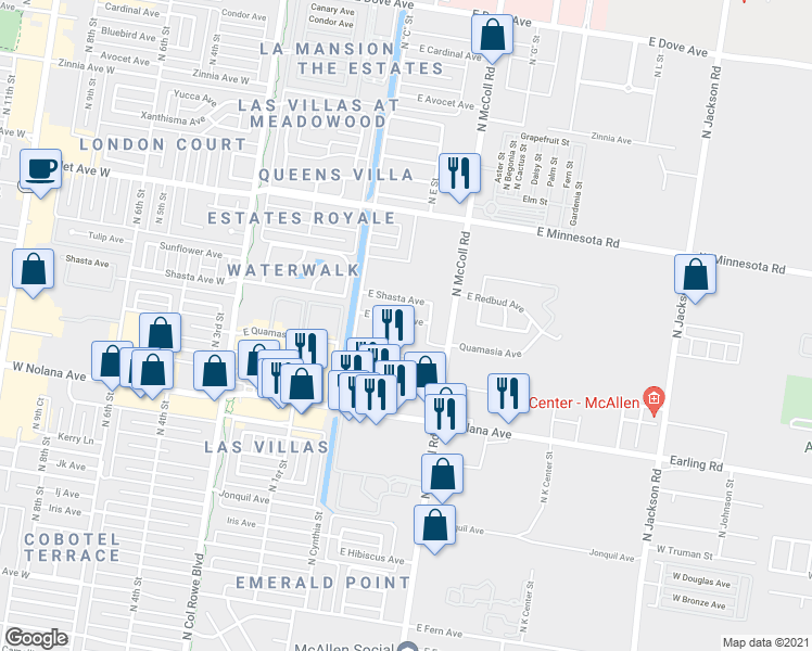 map of restaurants, bars, coffee shops, grocery stores, and more near 508 East Redbud Avenue in McAllen