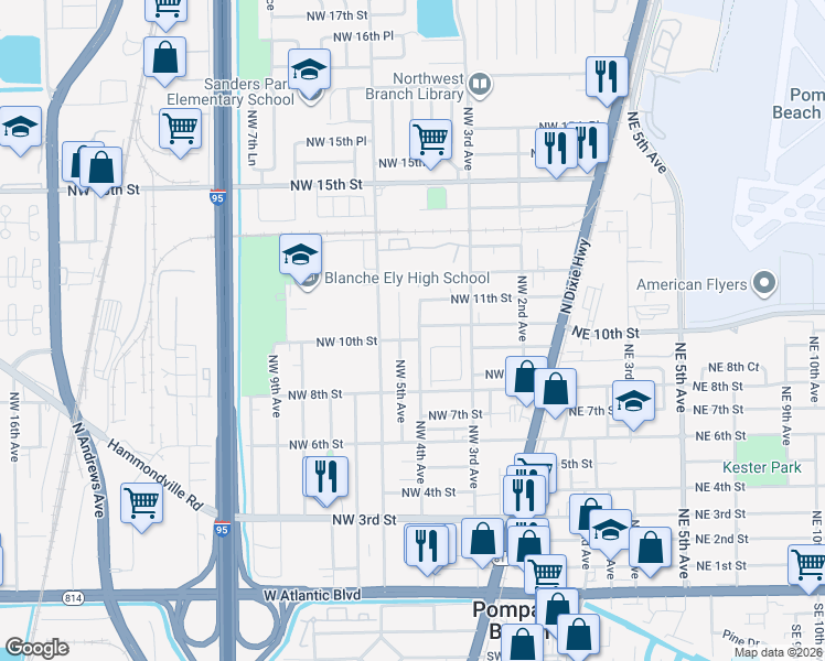 map of restaurants, bars, coffee shops, grocery stores, and more near 350 Northwest 10th Street in Pompano Beach