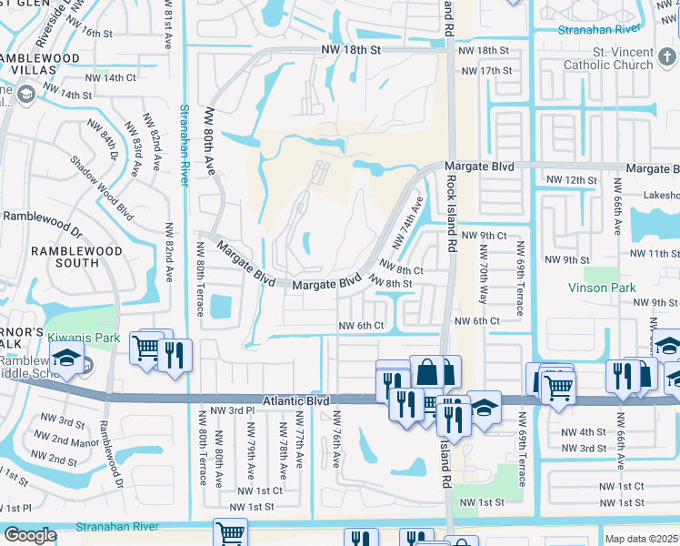 map of restaurants, bars, coffee shops, grocery stores, and more near 7877 Golf Circle Drive in Margate