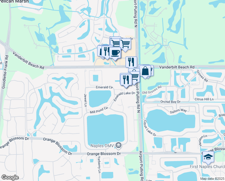 map of restaurants, bars, coffee shops, grocery stores, and more near 7784 Emerald Circle in Naples