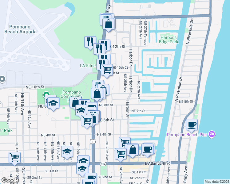 map of restaurants, bars, coffee shops, grocery stores, and more near 906 Northeast 23rd Terrace in Pompano Beach