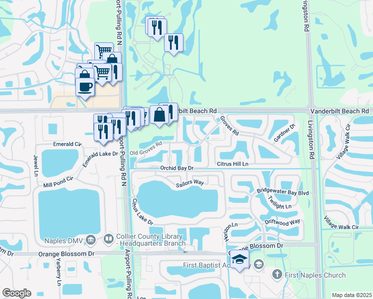 map of restaurants, bars, coffee shops, grocery stores, and more near 7476 Jacaranda Park Road in Naples