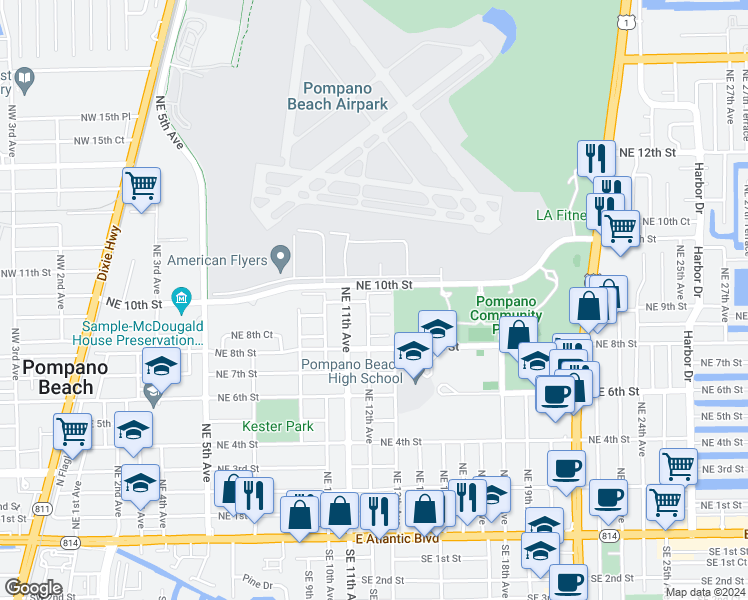map of restaurants, bars, coffee shops, grocery stores, and more near 912 Northeast 12th Avenue in Pompano Beach