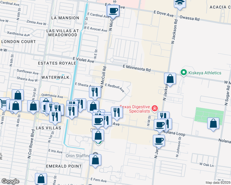 map of restaurants, bars, coffee shops, grocery stores, and more near 900 East Redbud Avenue in McAllen
