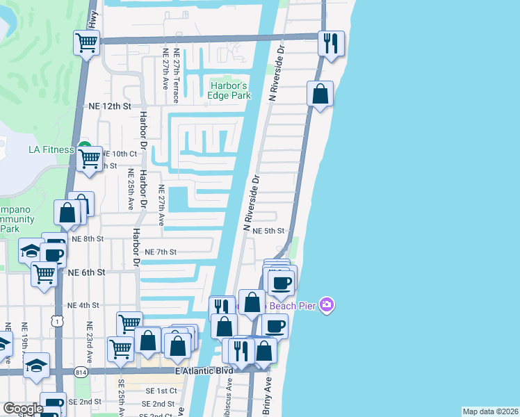 map of restaurants, bars, coffee shops, grocery stores, and more near 57 North Riverside Drive in Pompano Beach